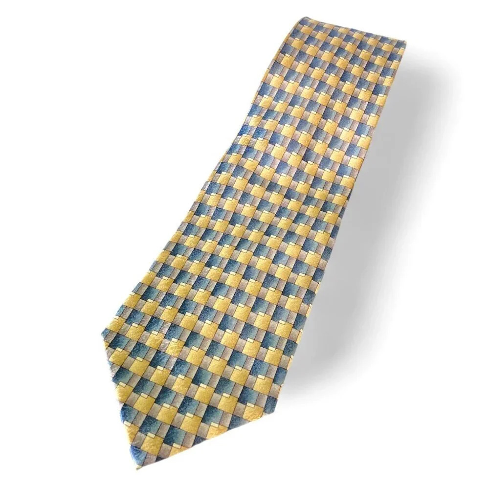 Pierre Cardin Silk Tie Geometric Design‎ Muted Blue Yellow, New Without Tags